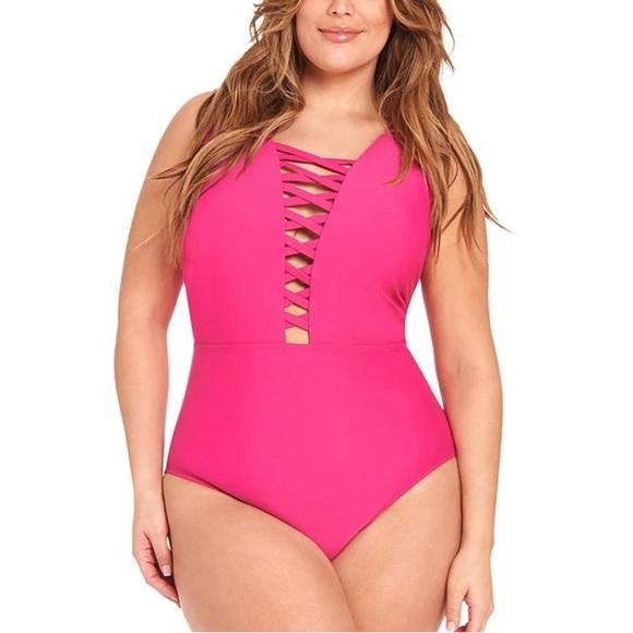 New LYSA PLUS Size Pink Juliana One-Piece lace-up front Swimsuit - Picture 1 of 9